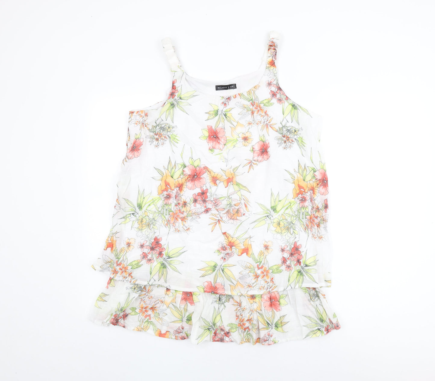 MILADYS Womens White Floral Nylon Basic T-Shirt Size 12 Round Neck