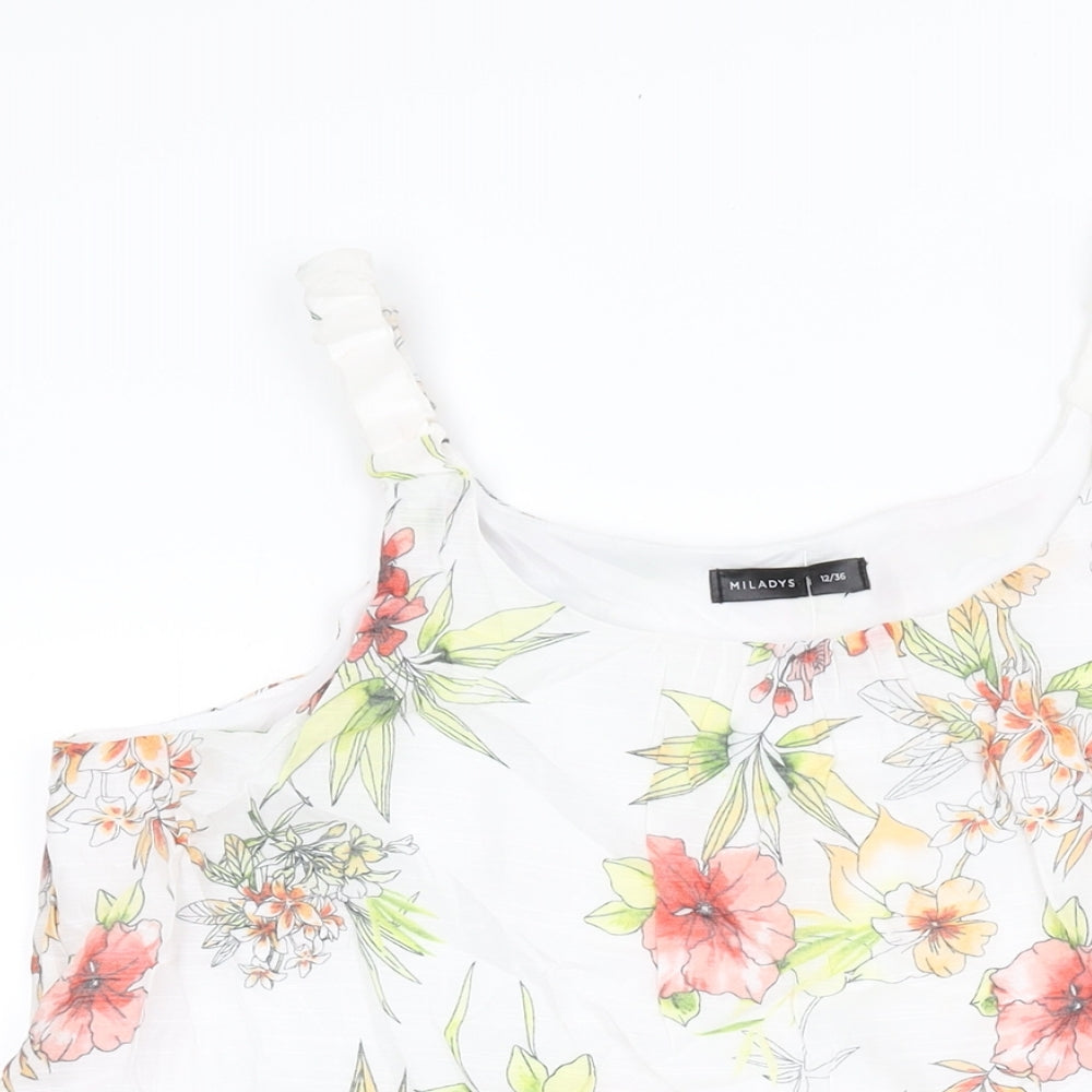MILADYS Womens White Floral Nylon Basic T-Shirt Size 12 Round Neck