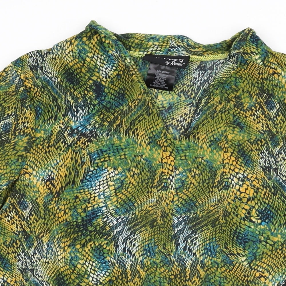 Attitudes Womens Green Geometric Polyester Basic T-Shirt Size M V-Neck