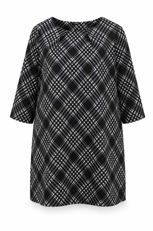 Front view of Roman women’s black geometric polyester shift, size UK 18, round neck pullover