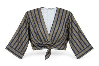 Sam & Lavi Womens Green Striped Polyester Cropped Blouse Size XS V-Neck