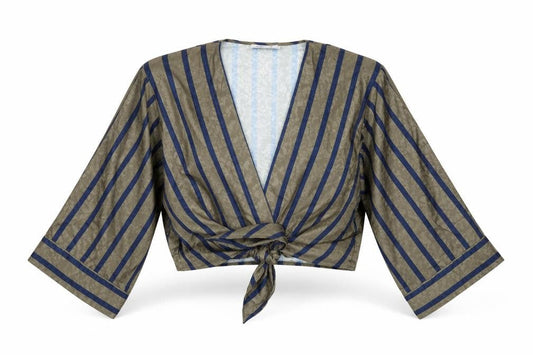 Sam & Lavi Womens Green Striped Polyester Cropped Blouse Size XS V-Neck