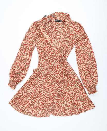 PRETTYLITTLETHING Womens Red Animal Print Polyester Wrap Dress Size 4 V-Neck Tie