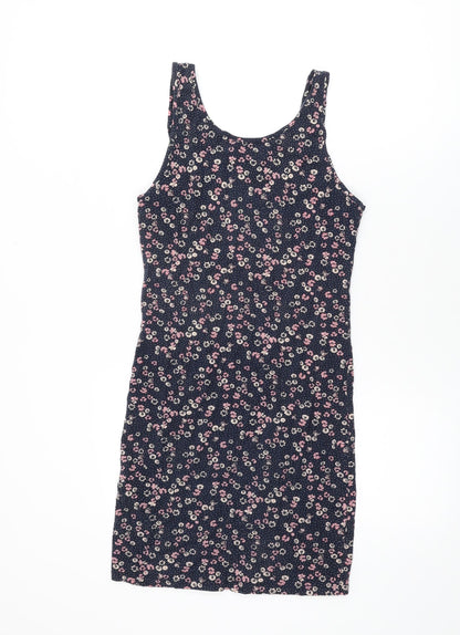 Dou Womens Blue Floral Cotton Bodycon Size S Round Neck Pullover