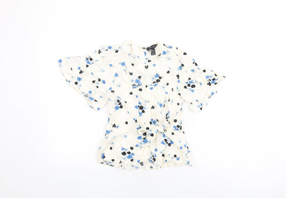 New Look Womens White Floral Viscose Basic T-Shirt Size 8 Round Neck
