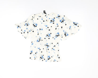 New Look Womens White Floral Viscose Basic T-Shirt Size 8 Round Neck
