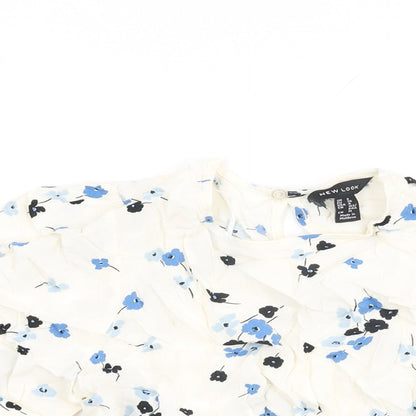 New Look Womens White Floral Viscose Basic T-Shirt Size 8 Round Neck