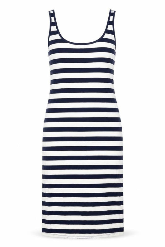Front view of ASOS women’s white striped polyester shift, size UK 10, round neck pullover