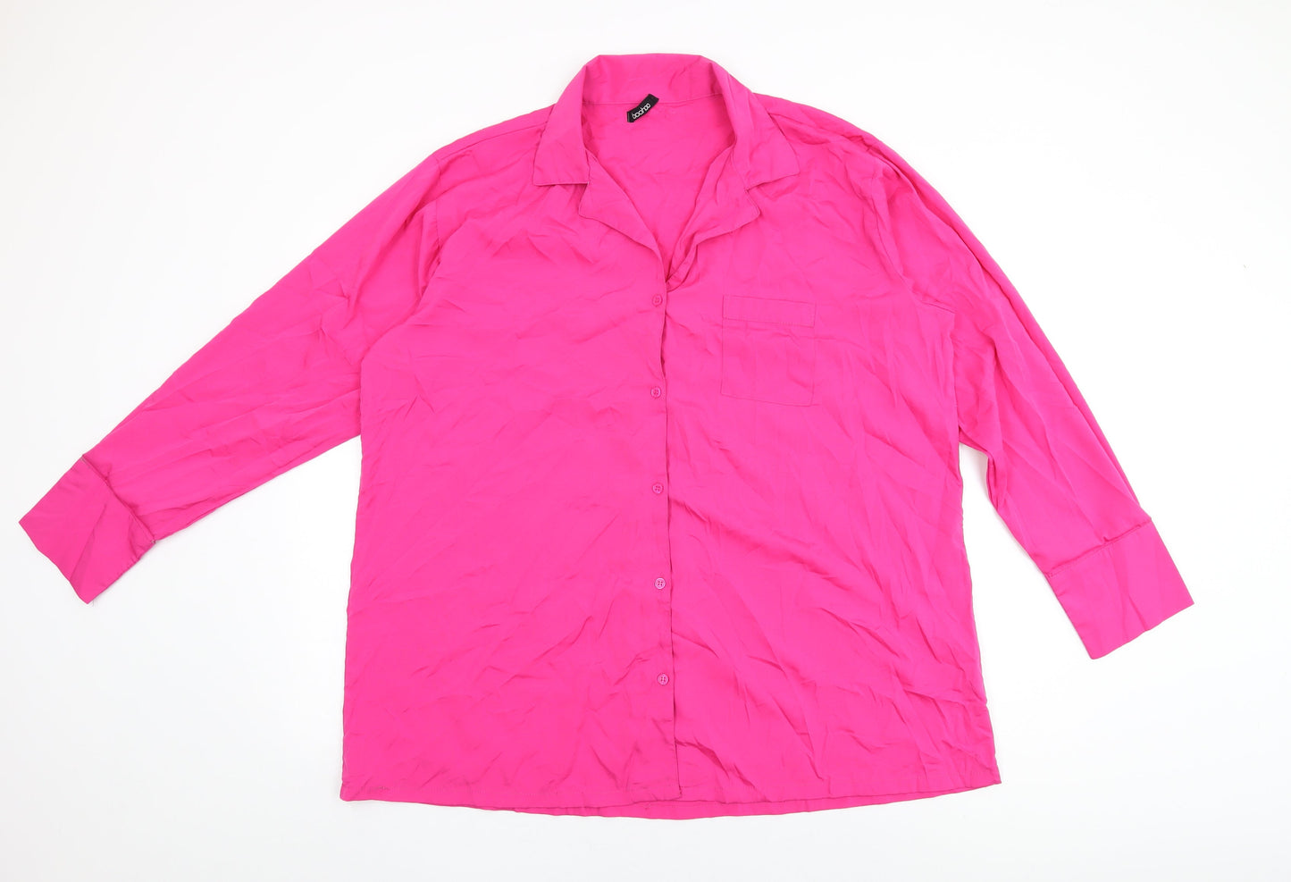 Boohoo Womens Pink Polyester Basic Button-Up Size 16 Collared