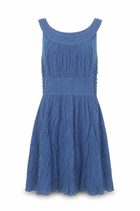 Front view of French Connection women’s blue cotton skater dress, size UK 6, round neck button
