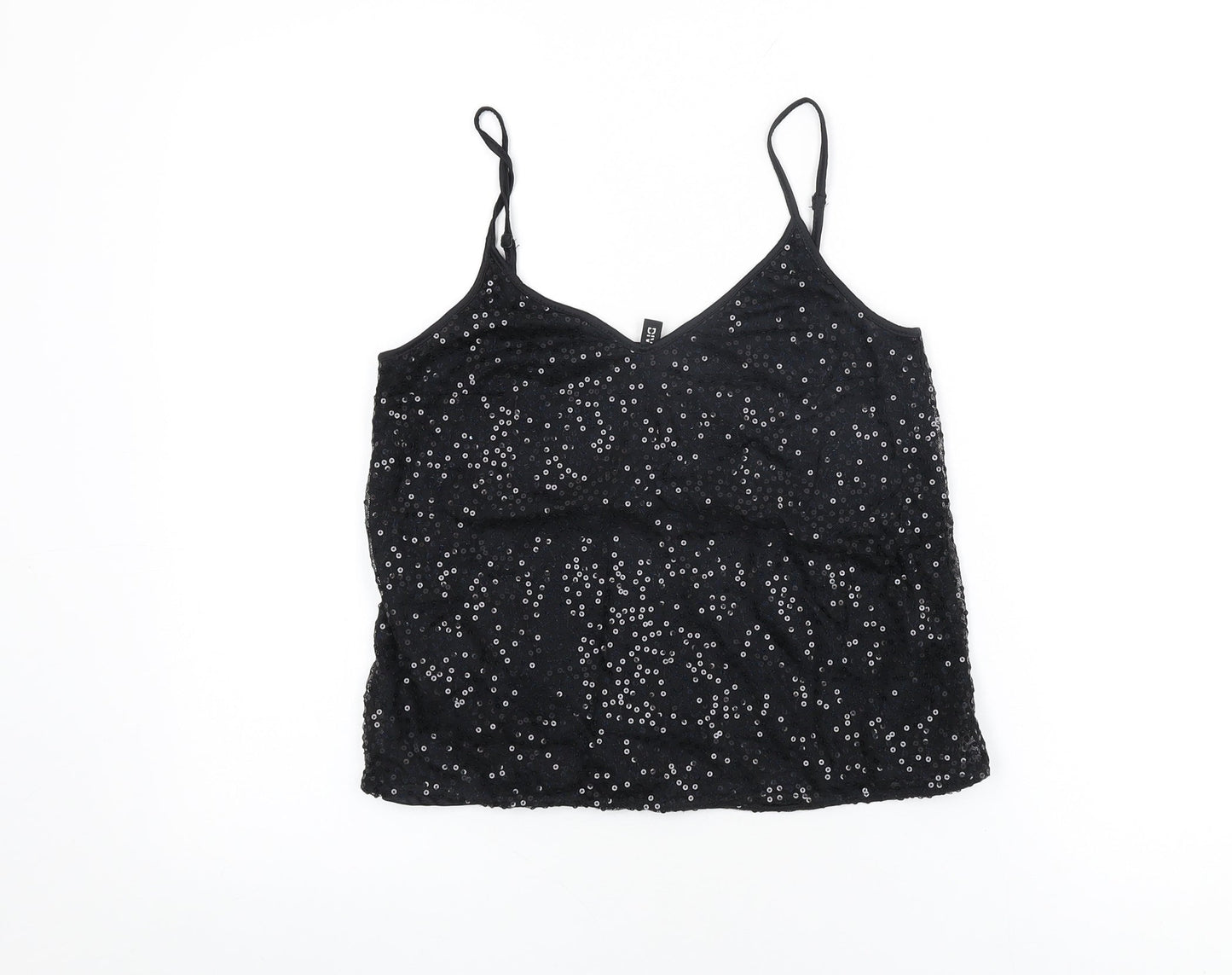 H&M Womens Black Polyamide Basic T-Shirt Size 8 V-Neck - Sequins