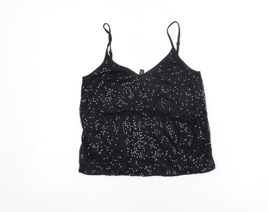 H&M Womens Black Polyamide Basic T-Shirt Size 8 V-Neck - Sequins