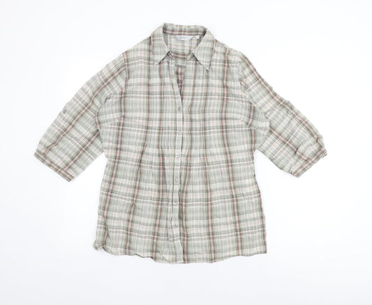 EWM Womens Green Plaid Cotton Basic Button-Up Size 14 Collared