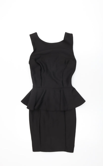 Topshop Womens Black Polyester Bodycon Size 6 Round Neck Zip - Frill Detail