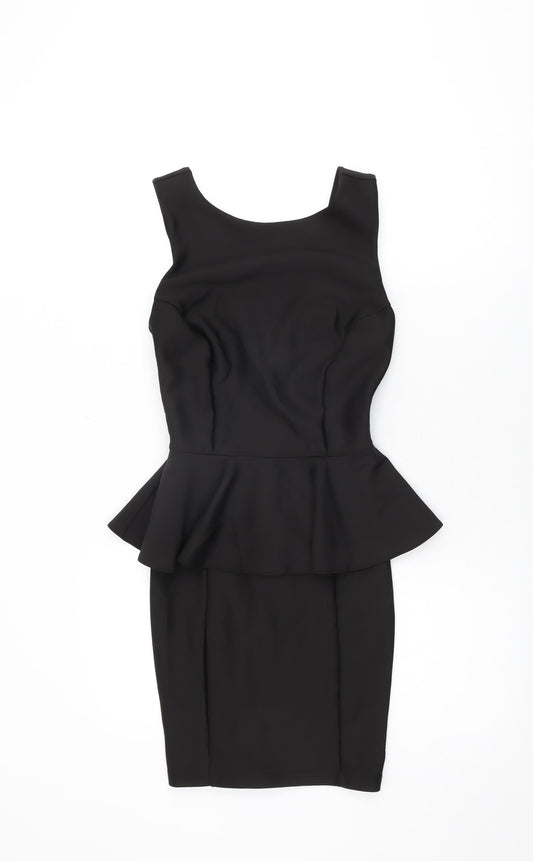 Topshop Womens Black Polyester Bodycon Size 6 Round Neck Zip - Frill Detail