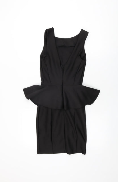 Topshop Womens Black Polyester Bodycon Size 6 Round Neck Zip - Frill Detail