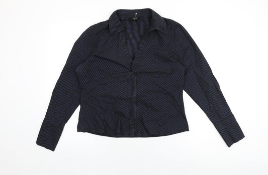 E-vie Womens Black Striped Cotton Basic T-Shirt Size 16 Collared