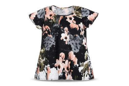 Vida Vi Womens Black Floral Polyester Basic T-Shirt Size 16 Round Neck