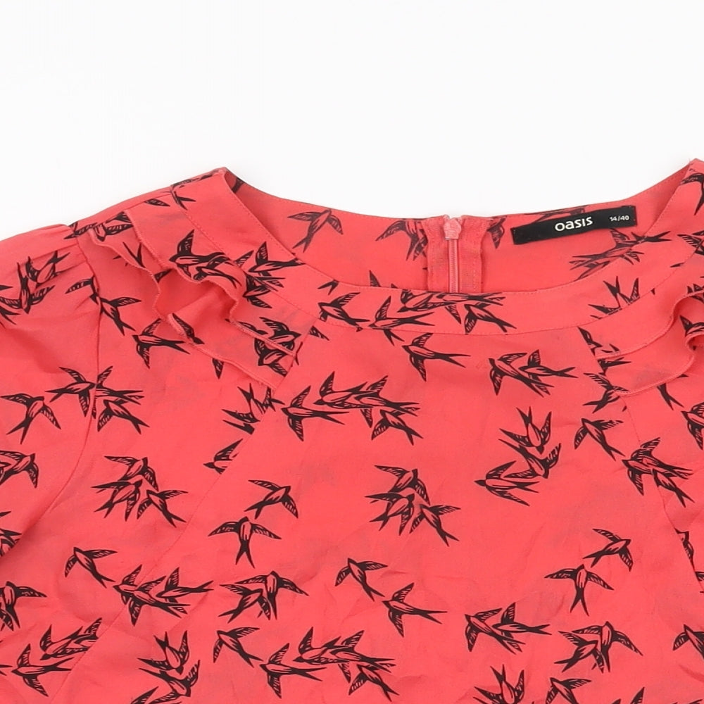 Oasis Womens Red Geometric Polyester Basic T-Shirt Size 14 Round Neck - Bird Print
