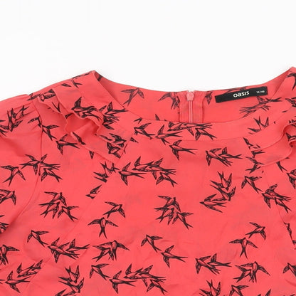 Oasis Womens Red Geometric Polyester Basic T-Shirt Size 14 Round Neck - Bird Print