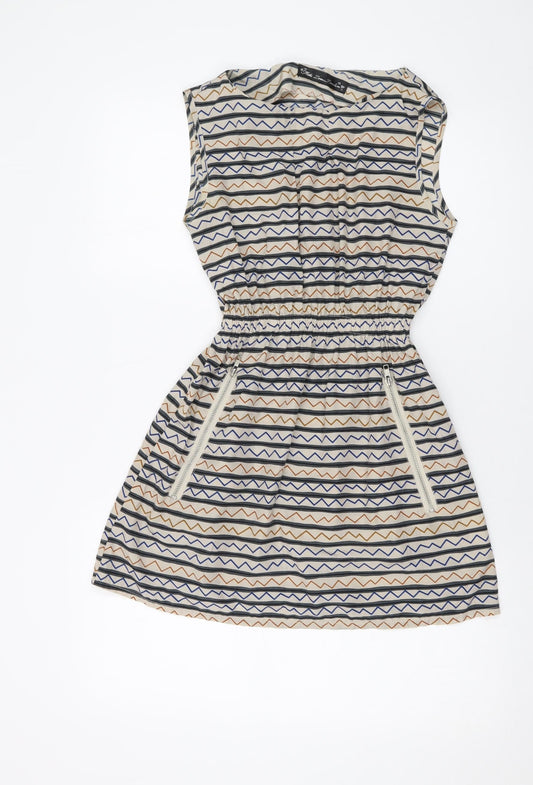 Mela London Womens Beige Striped Polyester A-Line Size 10 Round Neck Pullover