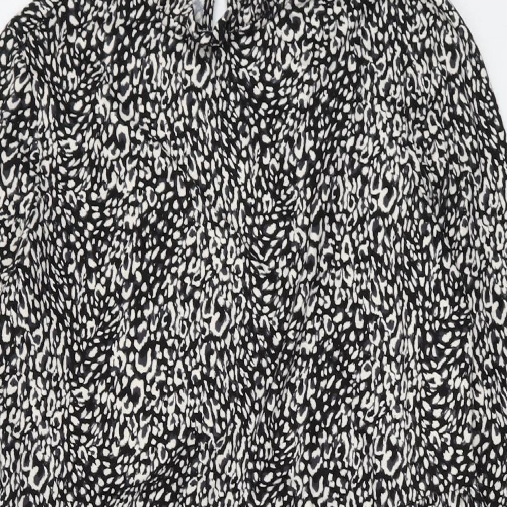 New Look Womens Black Animal Print Polyester A-Line Size 6 Mock Neck Button