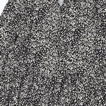New Look Womens Black Animal Print Polyester A-Line Size 6 Mock Neck Button