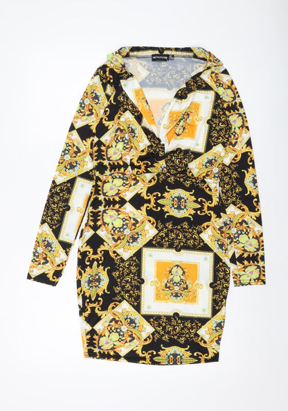 PRETTYLITTLETHING Womens Black Geometric Polyester Bodycon Size 10 V-Neck Pullover