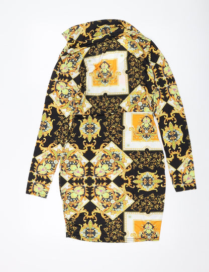 PRETTYLITTLETHING Womens Black Geometric Polyester Bodycon Size 10 V-Neck Pullover