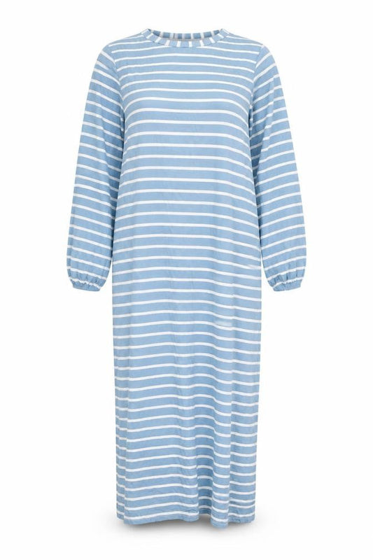 Front view of ASOS women’s blue striped viscose maxi, size UK 12, round neck pullover
