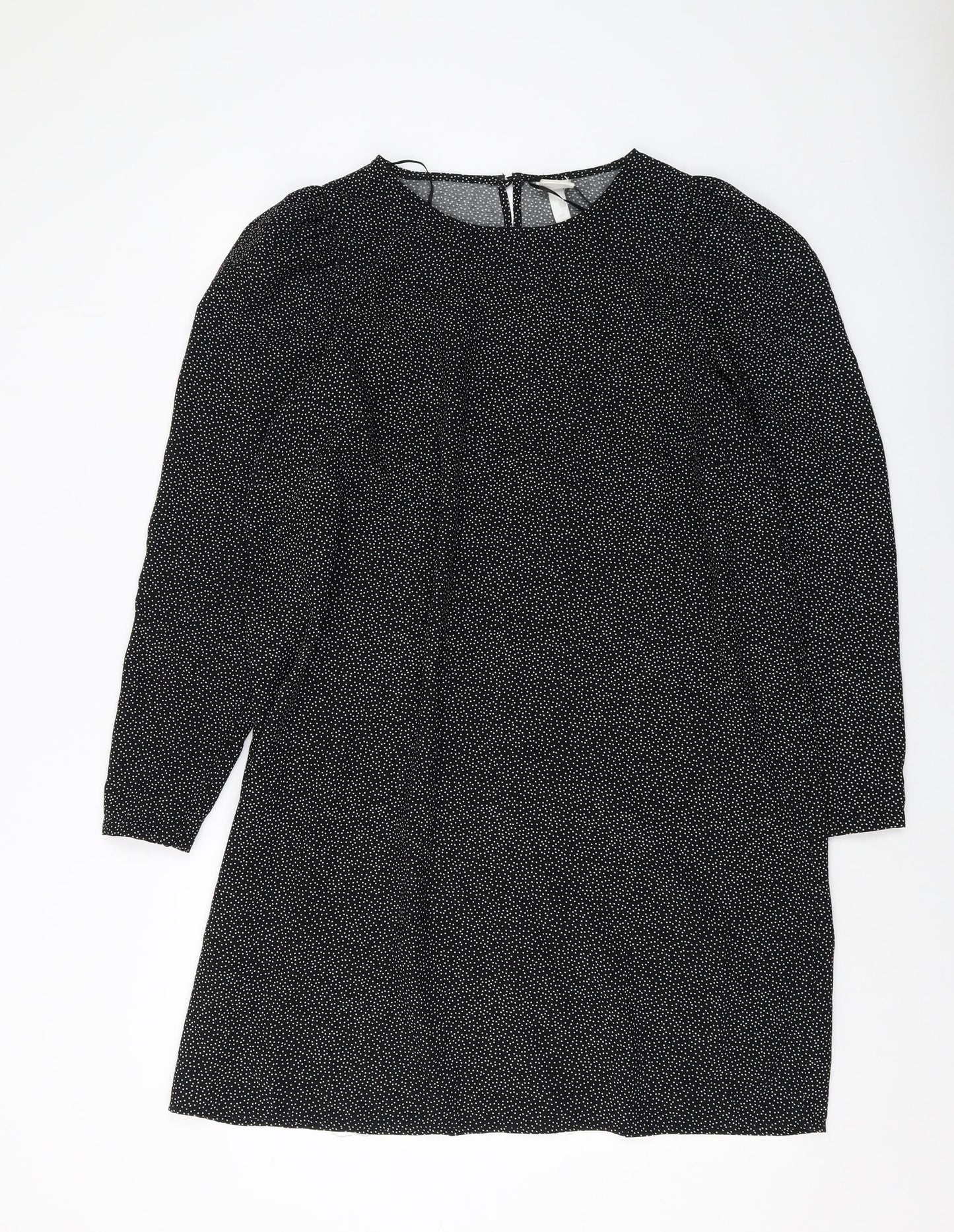 H&M Womens Black Polka Dot Polyester A-Line Size L Round Neck Button