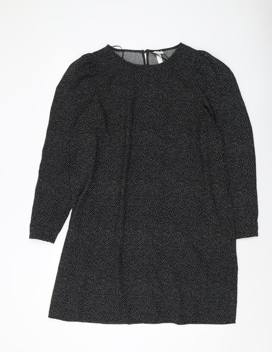 H&M Womens Black Polka Dot Polyester A-Line Size L Round Neck Button