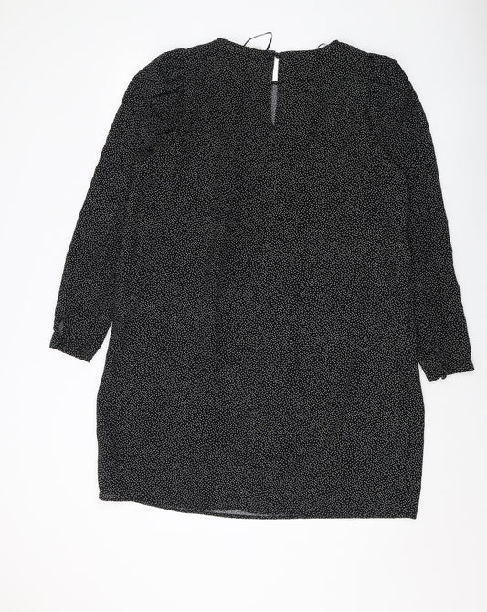H&M Womens Black Polka Dot Polyester A-Line Size L Round Neck Button