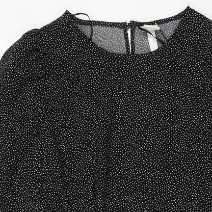 H&M Womens Black Polka Dot Polyester A-Line Size L Round Neck Button