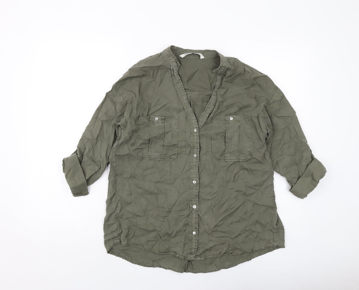 Womens UK Size XS Zara Green Basic Button-Up