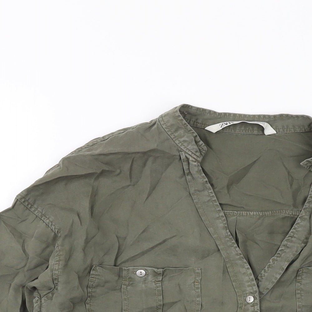 Womens UK Size XS Zara Green Basic Button-Up