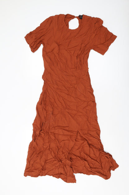 New Look Womens Brown Viscose A-Line Size 10 Round Neck Button