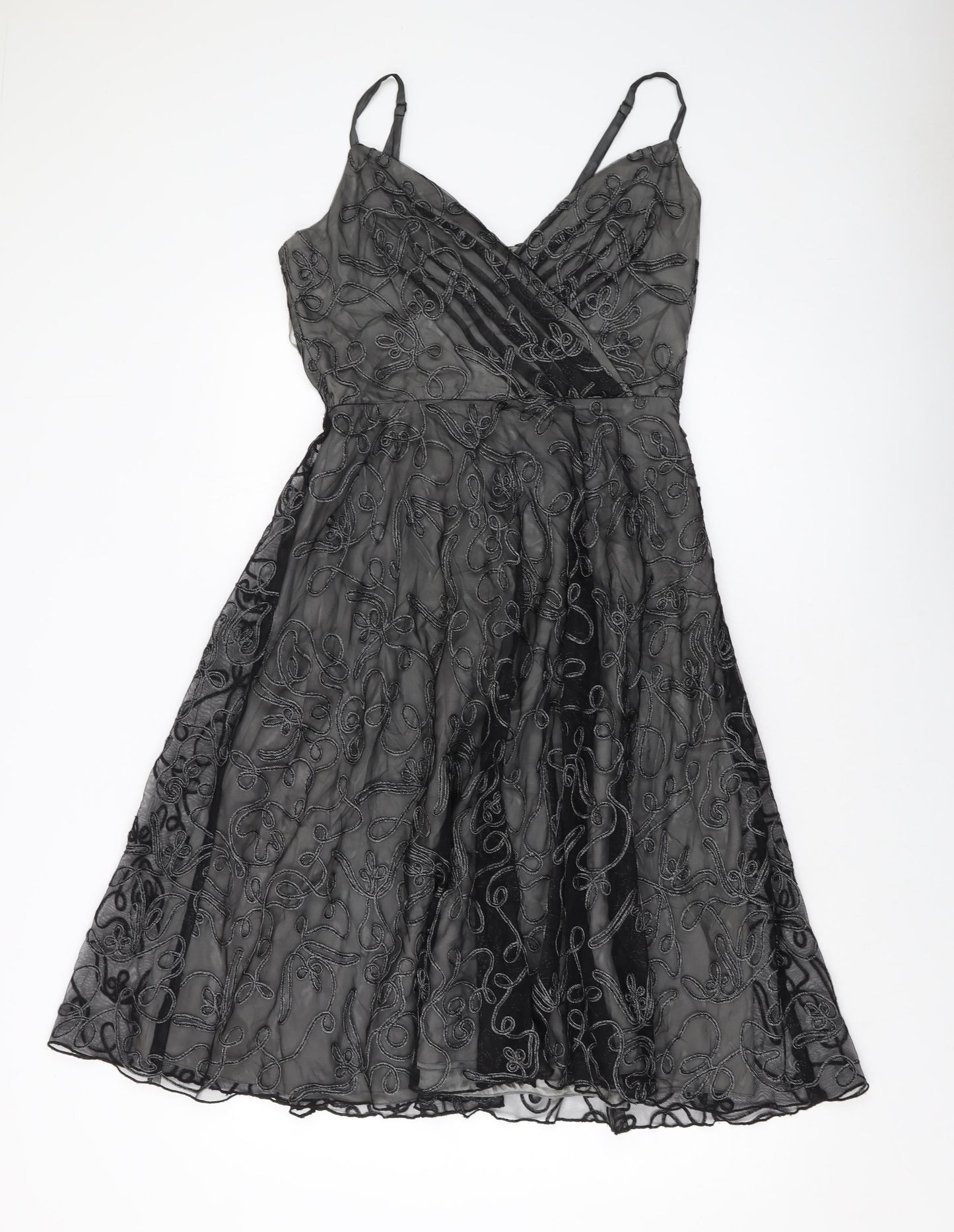 Coast Womens Black Geometric Polyester A-Line Size 12 V-Neck Zip