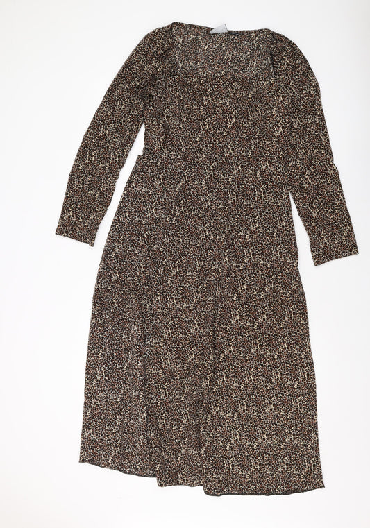 ASOS Womens Brown Animal Print Polyester A-Line Size 10 Square Neck Zip