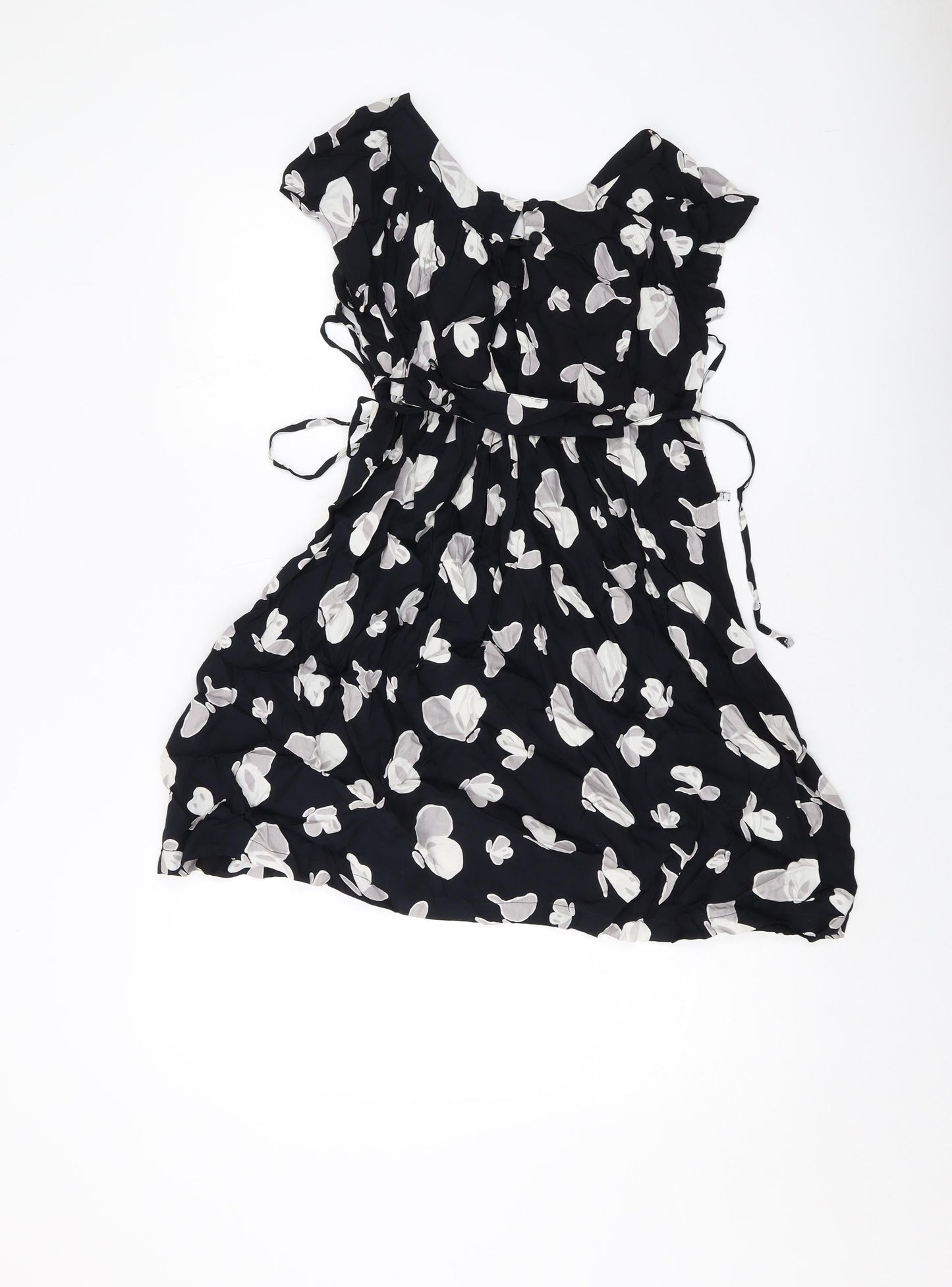 To[psho[ Womens Black Geometric Viscose A-Line Size 8 Round Neck Button