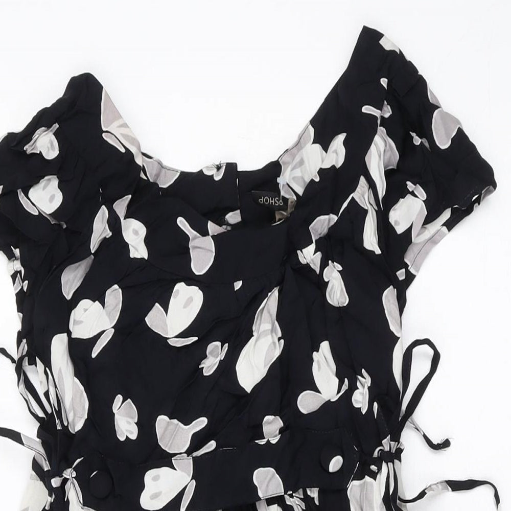 To[psho[ Womens Black Geometric Viscose A-Line Size 8 Round Neck Button