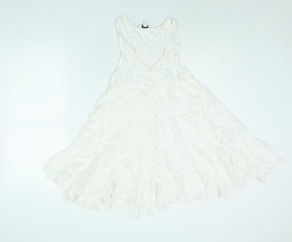 Topshop Womens White Viscose Mini Size 8 Scoop Neck Button - Smocked Flare