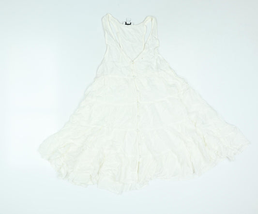 Topshop Womens White Viscose Mini Size 8 Scoop Neck Button - Smocked Flare