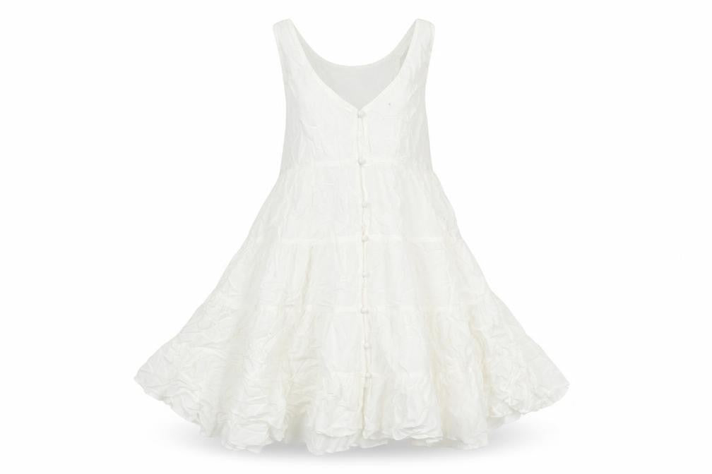 Topshop Womens White Viscose Mini Size 8 Scoop Neck Button - Smocked Flare