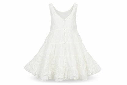 Topshop Womens White Viscose Mini Size 8 Scoop Neck Button - Smocked Flare