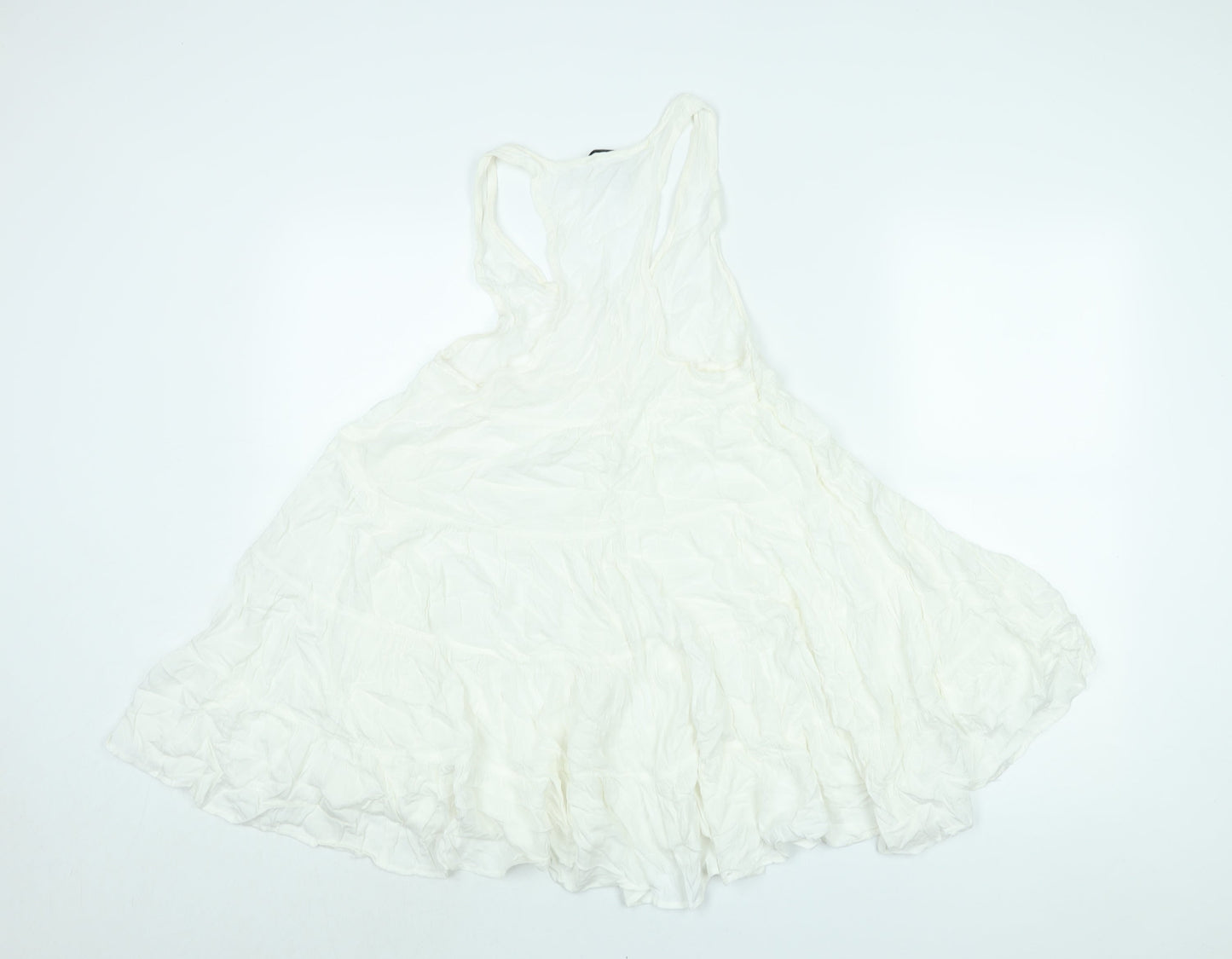 Topshop Womens White Viscose Mini Size 8 Scoop Neck Button - Smocked Flare