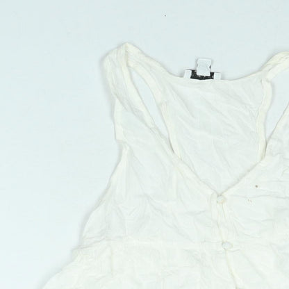 Topshop Womens White Viscose Mini Size 8 Scoop Neck Button - Smocked Flare