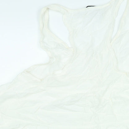 Topshop Womens White Viscose Mini Size 8 Scoop Neck Button - Smocked Flare