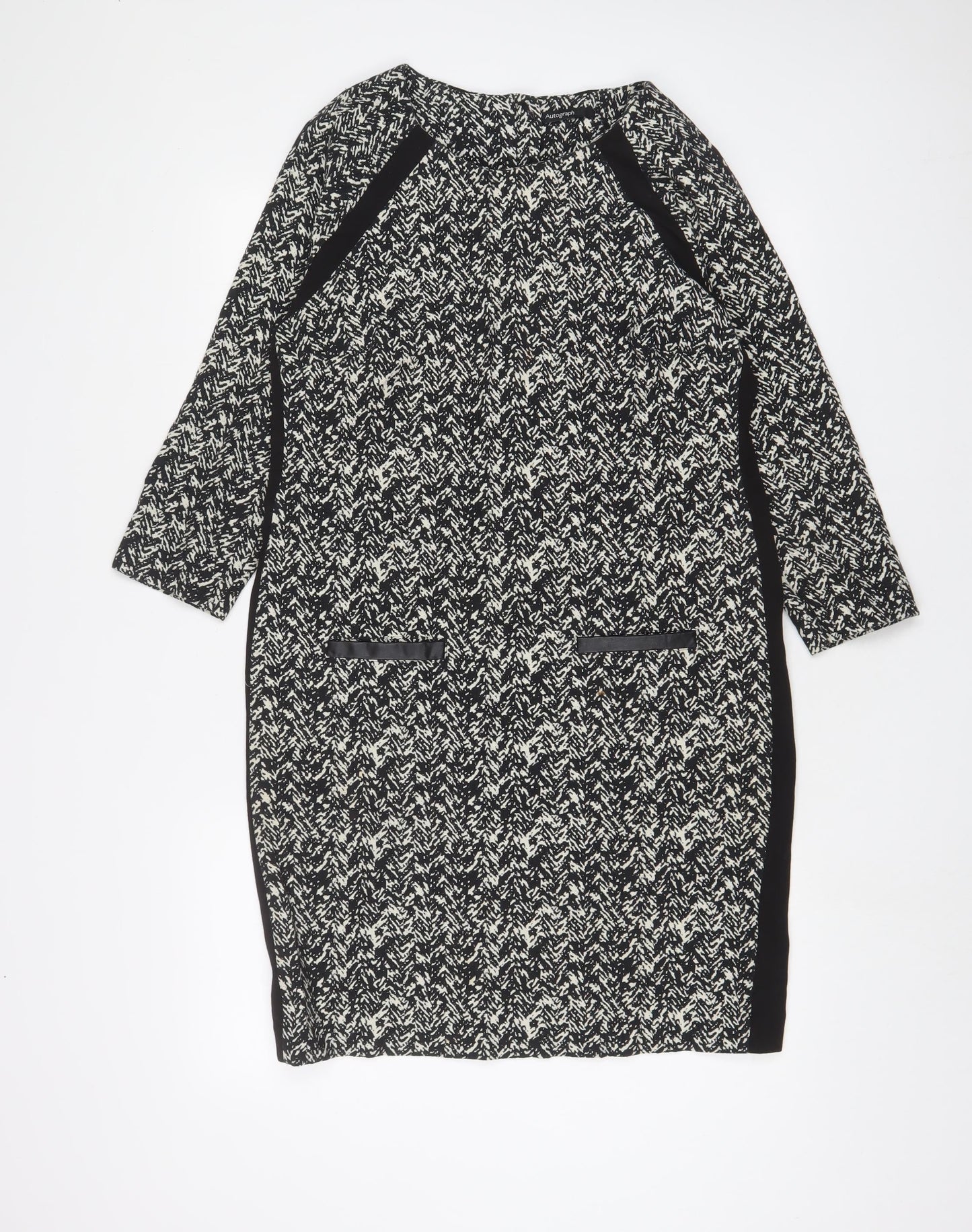 Autograph Womens Black Geometric Cotton Sheath Size 12 Boat Neck Zip