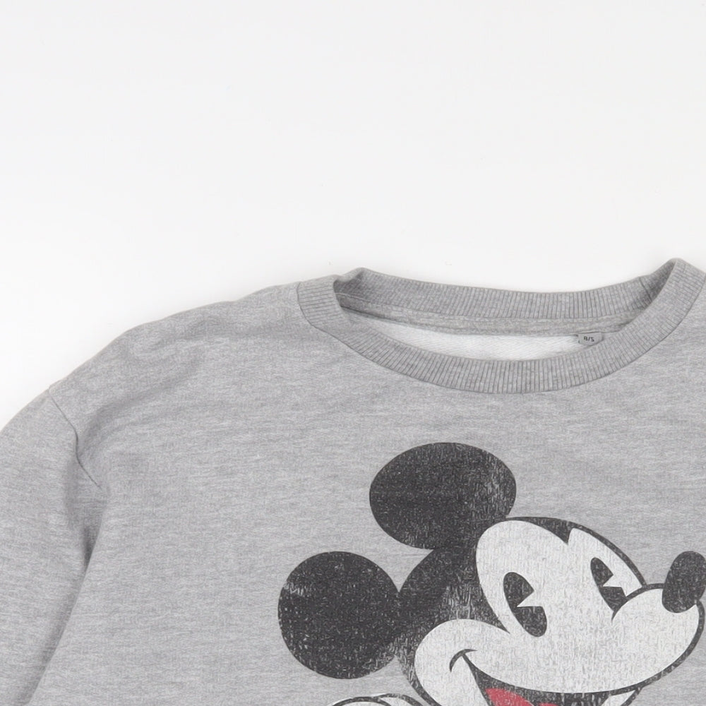 Close-up detail of Mickey Mouse women’s grey cotton pullover sweatshirt, size UK 8, pullover